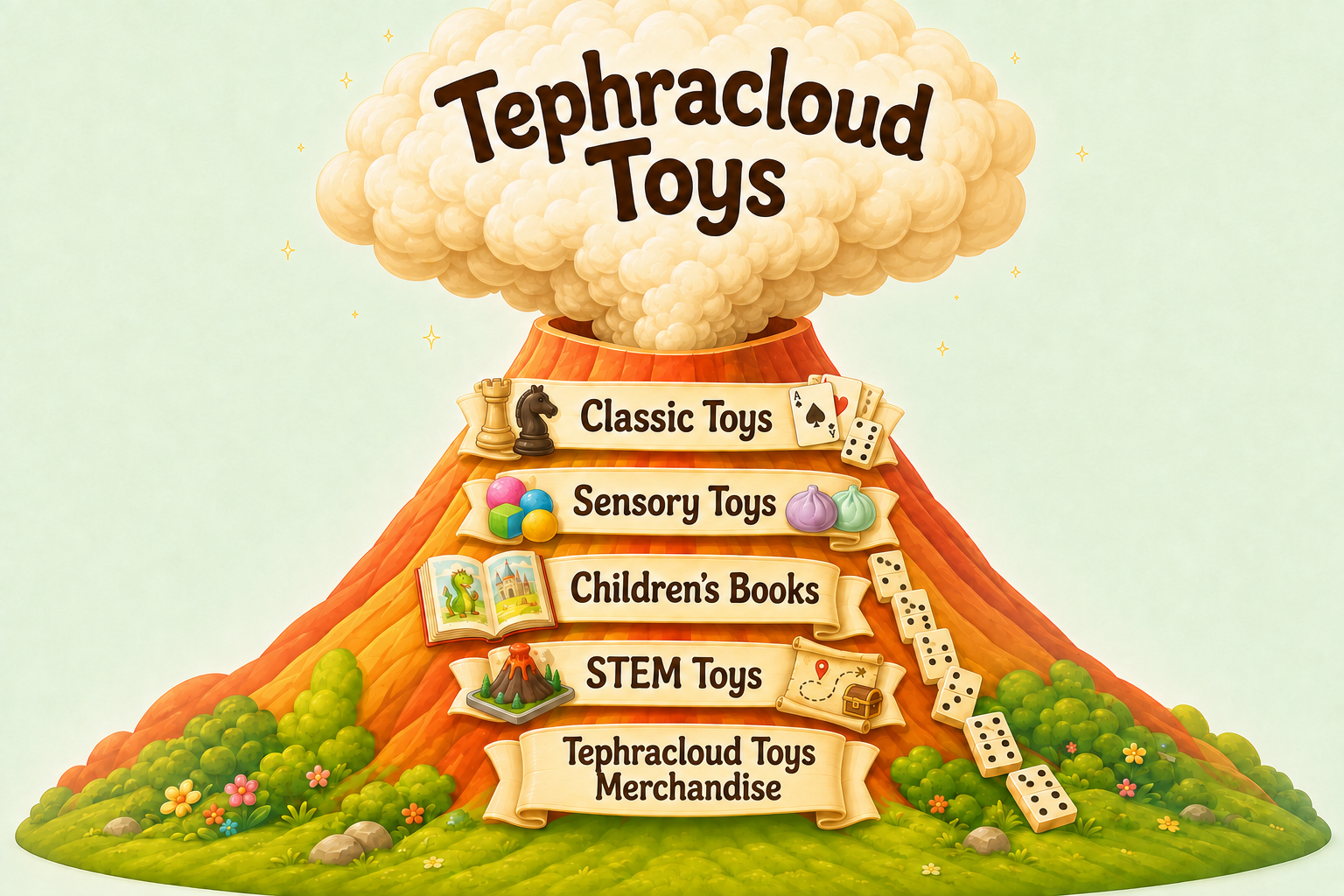 Tephracloud Toys in a fluffy cloud above a bright cartoon volcano. Five ribbons list Classic Toys, Sensory Toys, Children’s Books, STEM Toys, and Tephracloud Toys Merchandise.